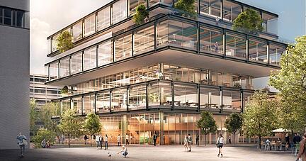 So soll das Gebäude aussehen: Auf sieben Ebenen gibt es Platz für Treffen, Büros, Co-Working-Spaces, Gastronomie und einen Event-Bereich.
Visualisierung: Weber + Auer So soll das Gebäude aussehen: Auf sieben Ebenen gibt es Platz für Treffen, Büros, Co-Working-Spaces, Gastronomie und einen Event-Bereich.
Visualisierung: Weber + Auer