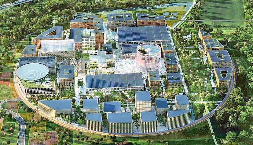 So soll der KI-Park mit den kreisförmig angeordneten Gebäuden aussehen. So soll der KI-Park mit den kreisförmig angeordneten Gebäuden aussehen.